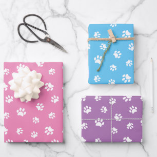 White Paw Prints Pattern Pink Blue Purple Wrapping Paper Sheet
