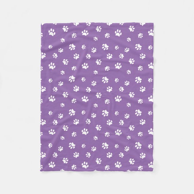 White Paw Prints Pattern with Purple Background Fleece Blanket (Front)