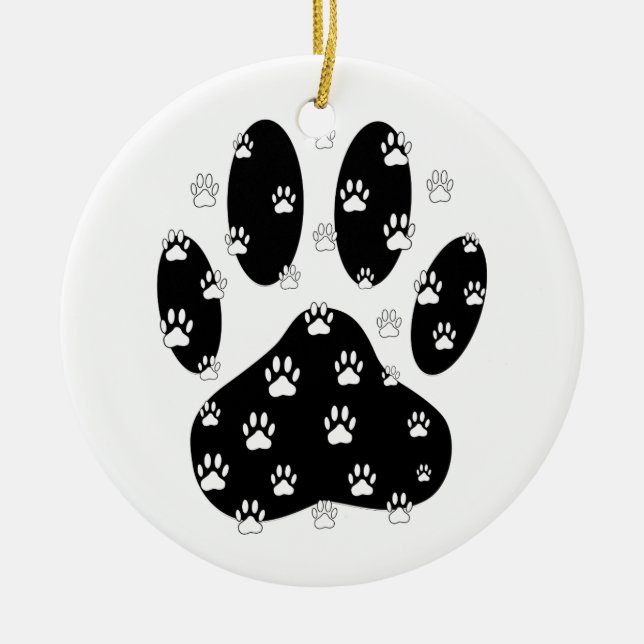 White Paws On Black Paw Print Ceramic Tree Decoration (Front)