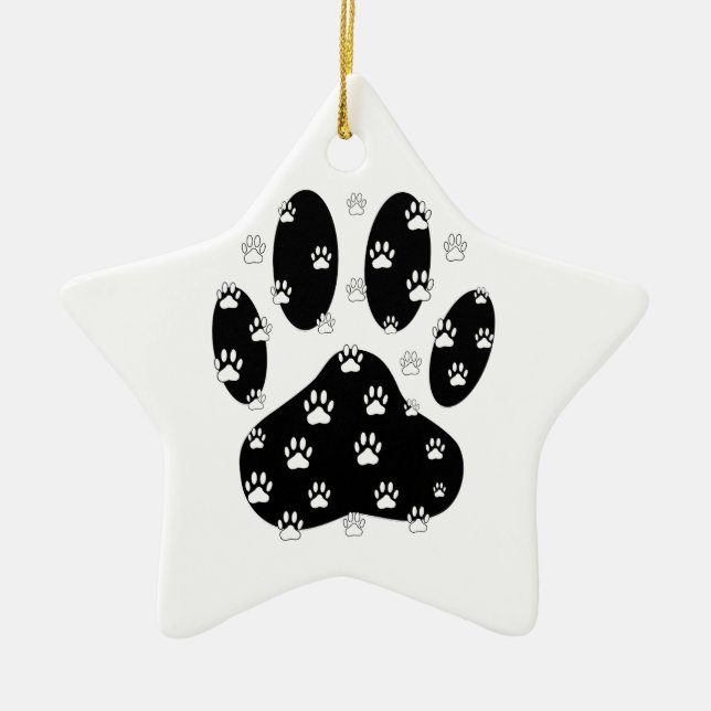 White Paws On Black Paw Print Ceramic Tree Decoration (Front)