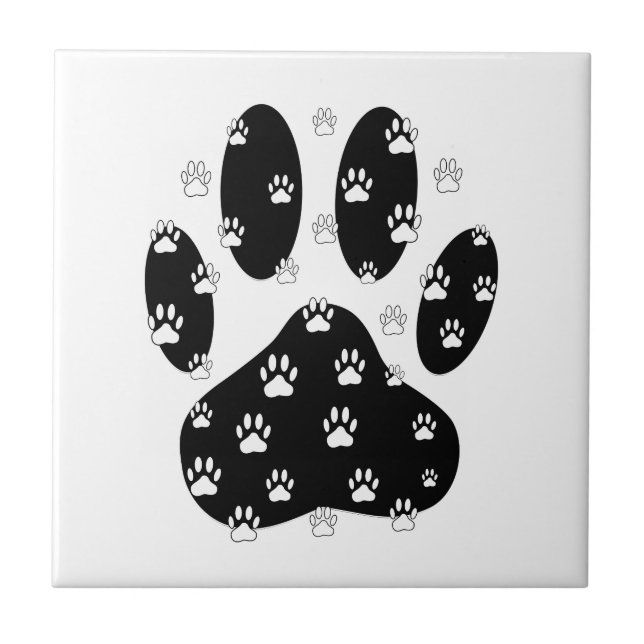 White Paws On Black Paw Print Tile (Front)