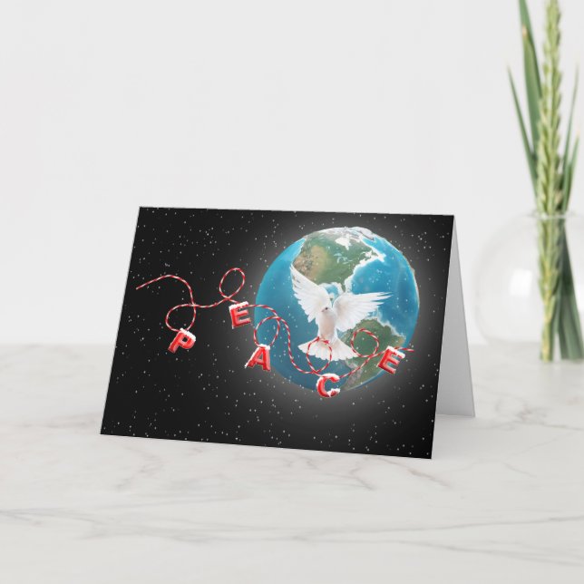White Peace Dove On Earth Planet Holiday Card (Front)