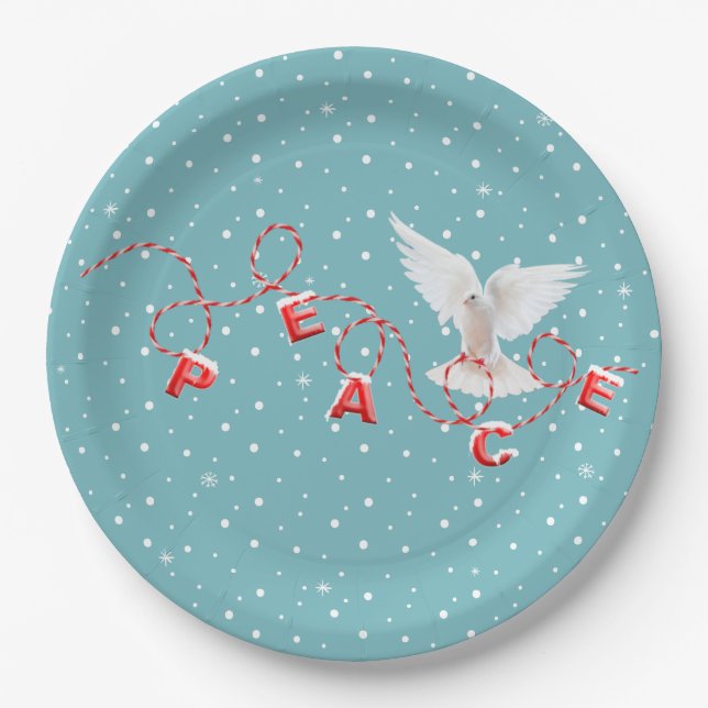 White Peace Dove With Peace Text Paper Plate (Front)