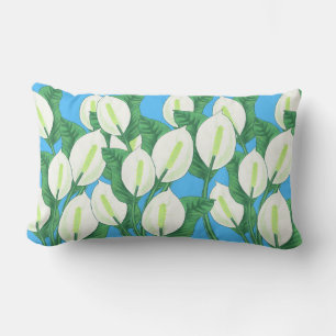 White peace lilies on pale blue background lumbar cushion