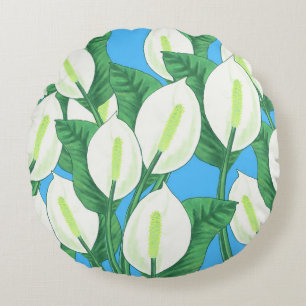 White peace lilies on pale blue background  round cushion