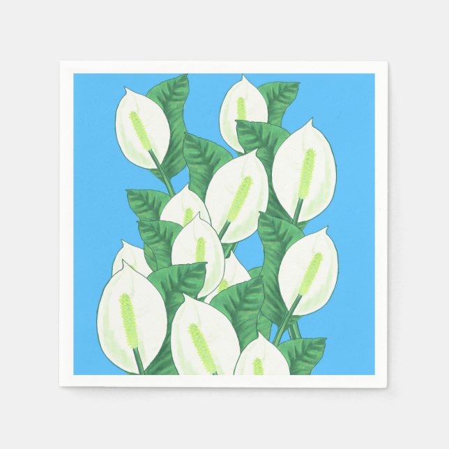 White Peace Lily Illustration Pale Blue Napkin (Front)