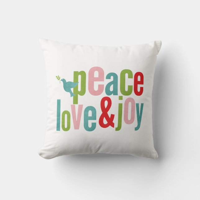 White Peace Love and Joy Colour Christmas Cushion (Front)