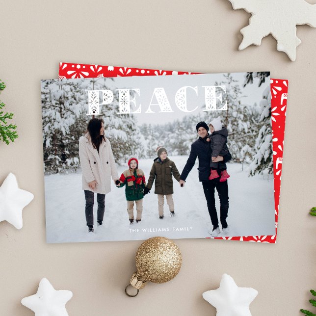 White Peace Scandi Folk Art Photo Holiday Card (white Swedish folk art style PEACE Christmas full-bleed photo holiday card)