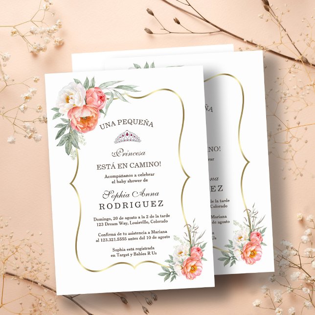 White Peach Flowers Spanish Baby Shower Invitation (baby shower, trendy peach flowers bay shower, gold white floral baby shower)