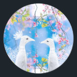 White peacock and blooming sakura / Romantic love  Classic Round Sticker<br><div class="desc">The amazing art creation of a peacock bird in the background of sakura tree and pink flowers is a wonderful gift for your loved one or relative. It's perfect for a Birthday,  an Anniversary,  Baby shower,  Valentine's Day,  Engagement present or Wedding</div>