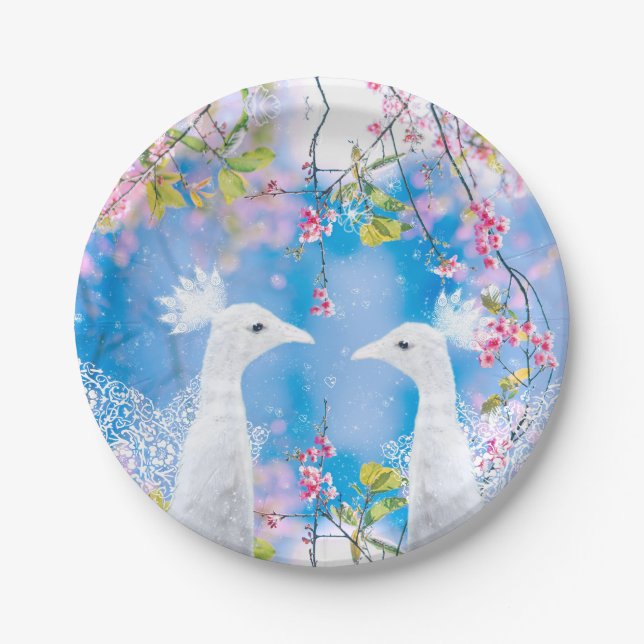 White peacock and blooming sakura / Romantic love  Paper Plate (Front)