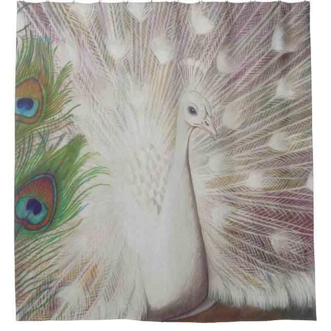 White Peacock and Green Peacock Feather art Print Shower Curtain (Front)