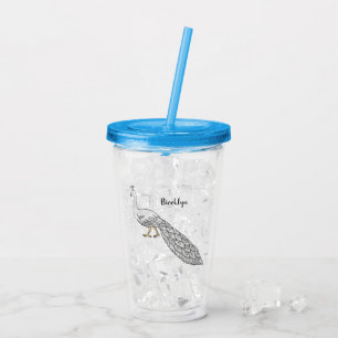 White peacock bird cartoon illustration acrylic tumbler