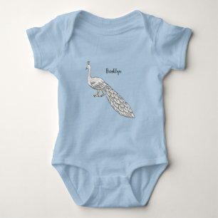 White peacock bird cartoon illustration  baby bodysuit