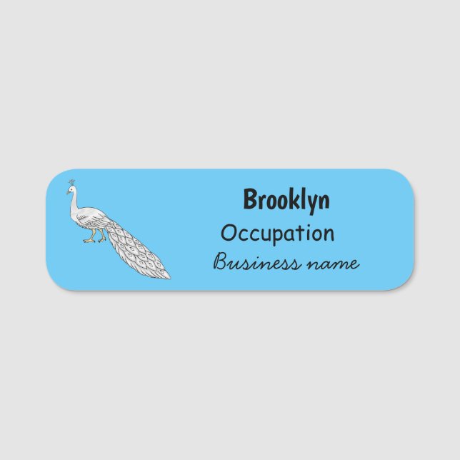 White peacock bird cartoon illustration  name tag (Front)