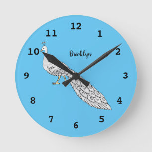 White peacock bird cartoon illustration round clock