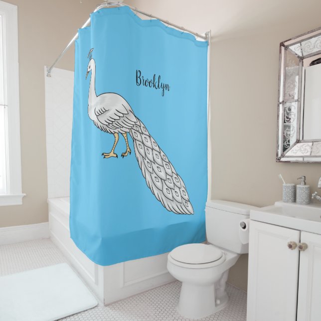 White peacock bird cartoon illustration shower curtain (In Situ)