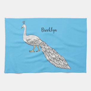 White peacock bird cartoon illustration tea towel