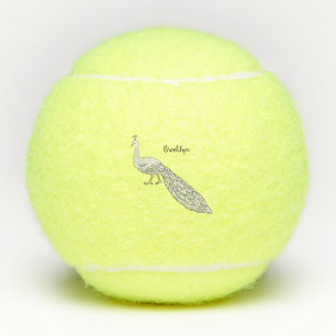 White peacock bird cartoon illustration tennis balls