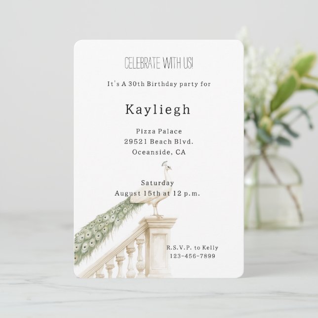 White Peacock Birthday   Invitation (Standing Front)