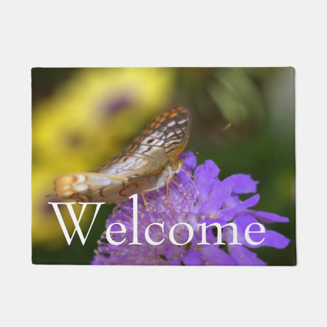 White peacock butterfly on purple bloom doormat (Front)