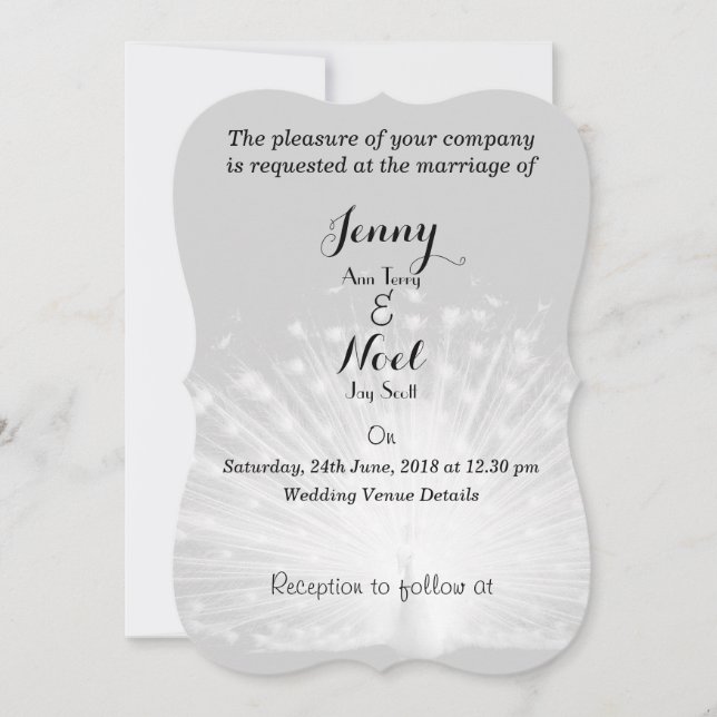 White Peacock Feathers Wedding Invitation (Front)