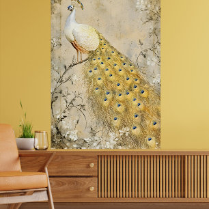 White peacock perched on a branch.   poster