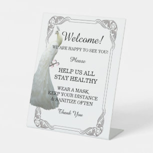 White Peacock Wedding Safety Pedestal Sign