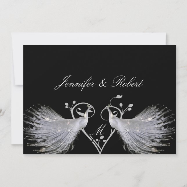 White Peacocks Heart Monogram Wedding Invitation (Front)