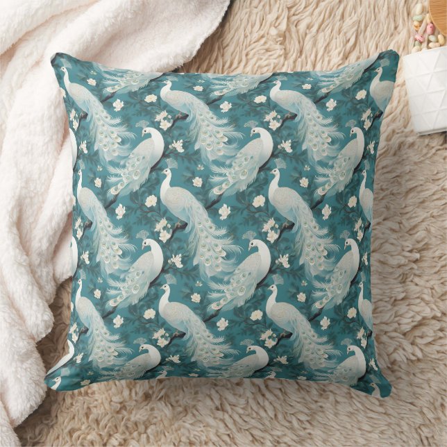 White Peacocks on Teal Throw Pillow (Blanket)