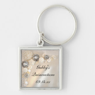 White Pearl and Diamond Buttons Quinceañera Key Ring