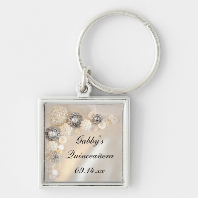 White Pearl and Diamond Buttons Quinceañera Key Ring (Front)