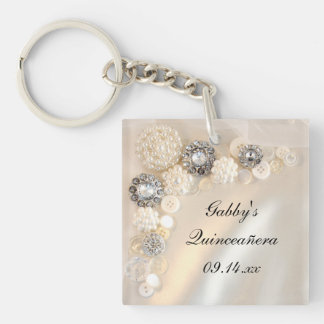 White Pearl and Diamond Buttons Quinceñera Key Ring