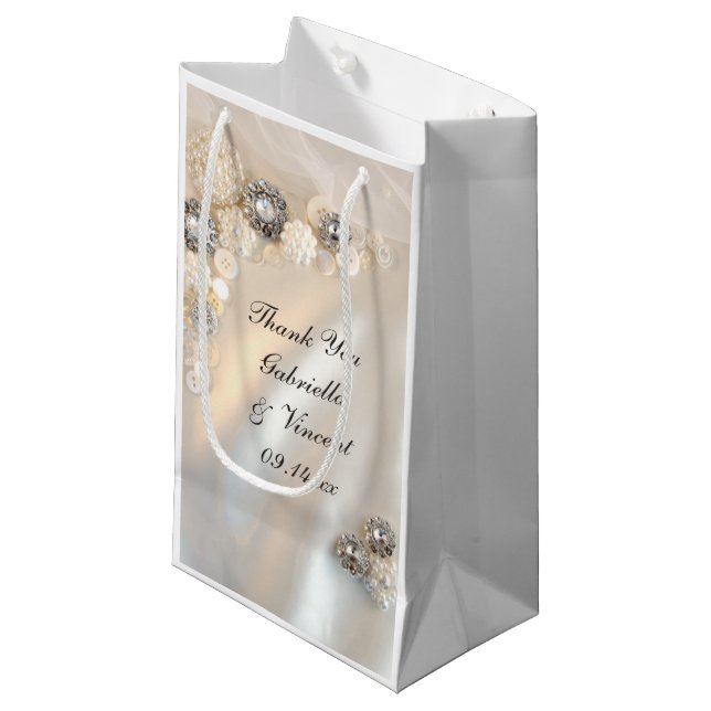 White Pearl and Diamond Buttons Wedding Thank You Small Gift Bag (Front Angled)