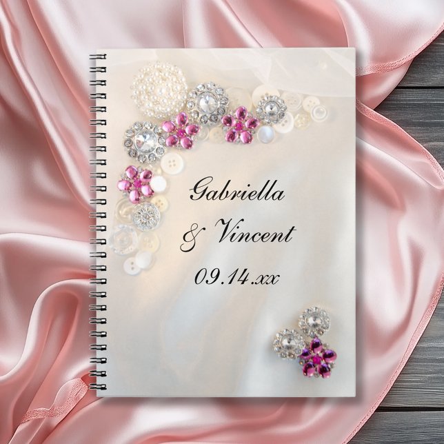 White Pearl and Pink Diamond Buttons Wedding Spiral Notebook (Creator Uploaded)
