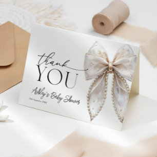 White Pearl Bow Baby Shower Thank You Card