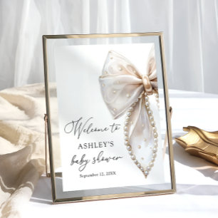 White Pearl Bow Girl Baby Shower Welcome Poster