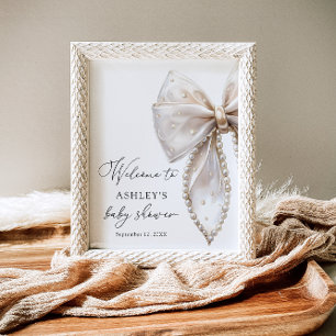 White Pearl Bow Girl Baby Shower Welcome Poster