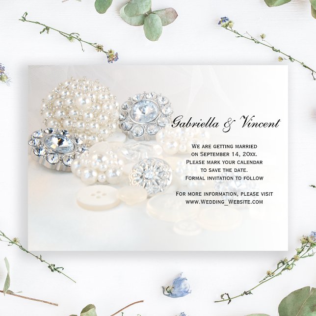 White Pearl Diamond Buttons Wedding Save the Date Invitation (Creator Uploaded)