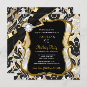 White Pearl Gold Bow Black Damask Birthday Invite
