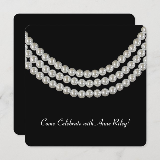 white pearl necklace on black for birthday party invitation (Front/Back)
