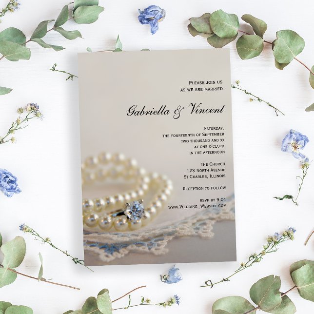 White Pearls, Diamond Ring and Blue Lace Wedding Invitation (Set an elegant tone for your marriage with the Pearls, Diamond Ring and Blue Lace Wedding Invitation)