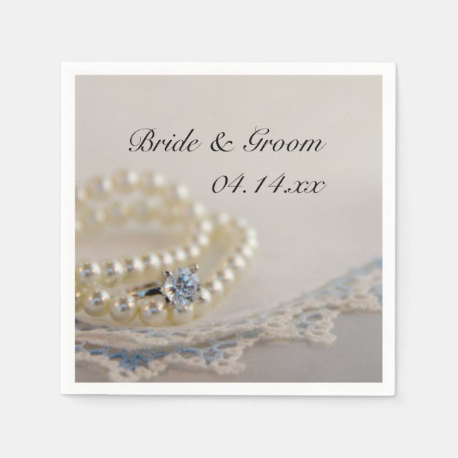 White Pearls, Diamond Ring and Blue Lace Wedding Napkin (Front)