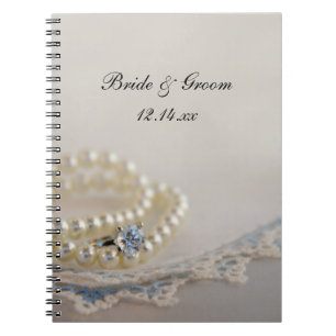 White Pearls, Diamond Ring and Blue Lace Wedding Spiral Notebook