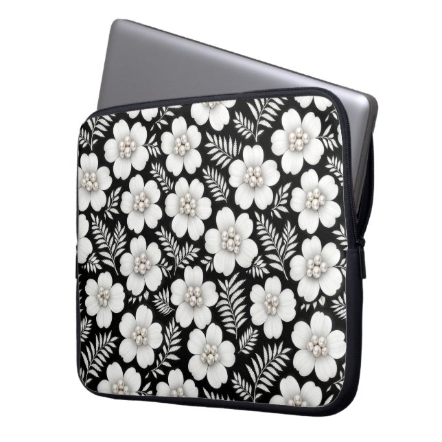 White Pearls in Flower Pattern Laptop Sleeve (Front Left)