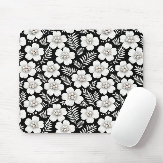 White Pearls in Flower Pattern Mouse Pad (With Mouse)