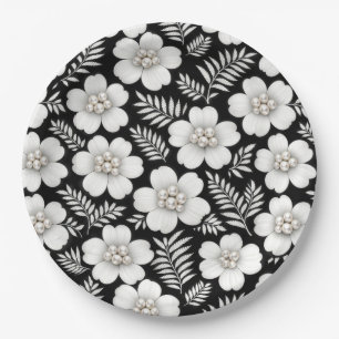 White Pearls in Flower Pattern Paper Plate
