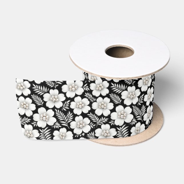 White Pearls in Flower Pattern Satin Ribbon (Spool)