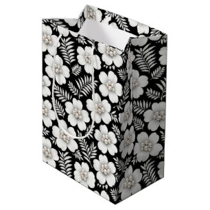 White Pearls in Flowers on Black Medium Gift Bag