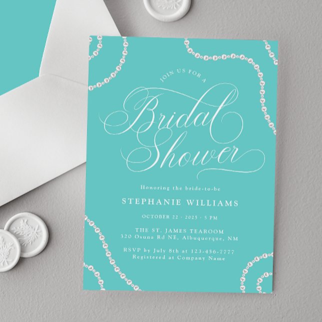 White Pearls Turquoise Bridal Shower Invitation (Creator Uploaded)
